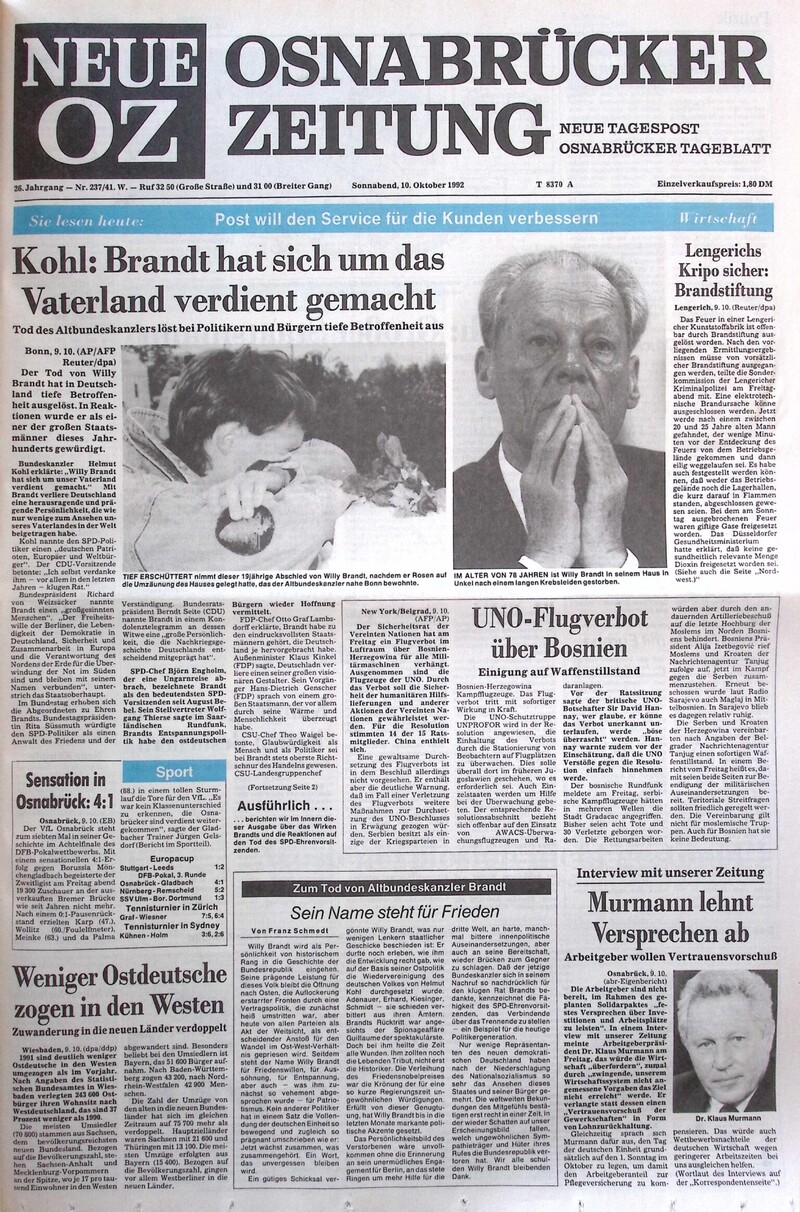 10.10.1992 Historische Zeitung Cover