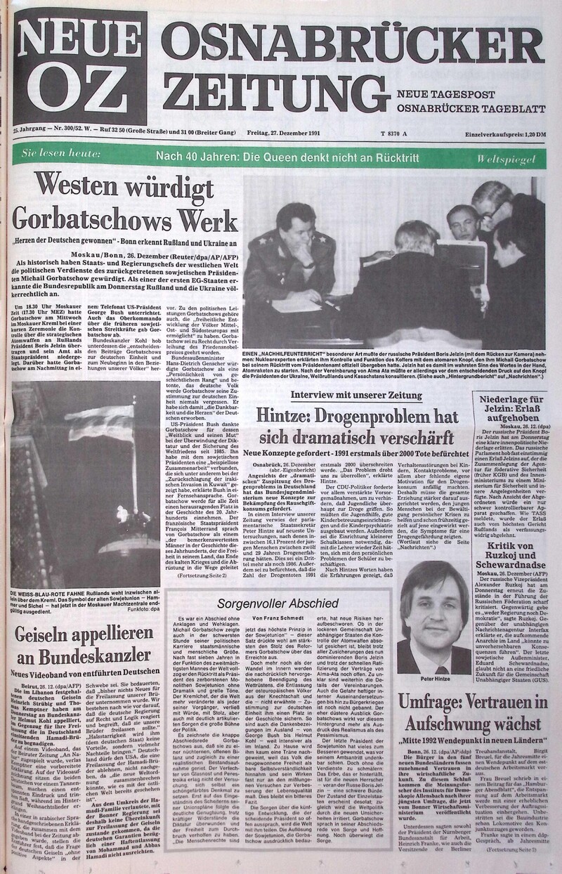 27.12.1991 Historische Zeitung Cover